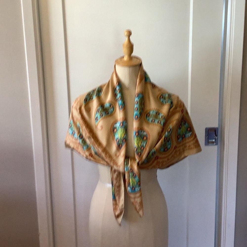 UNBRANDED, Tan, Blue Paisley Silk Scarf Wrap